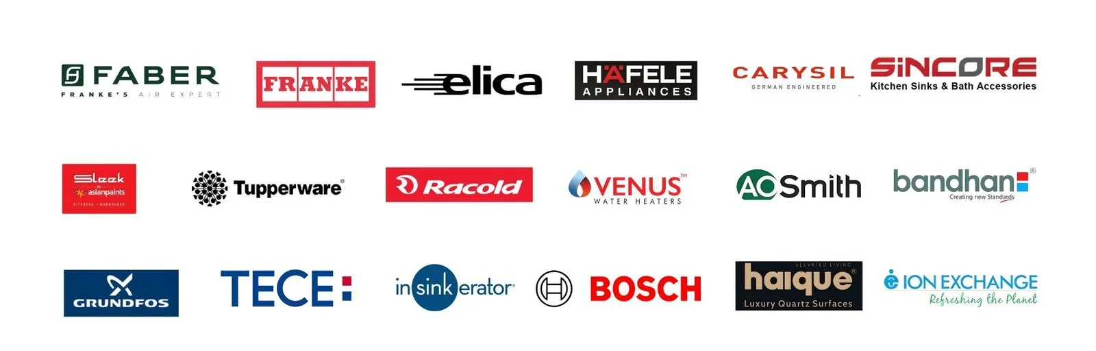 Kitchen, appliance and water-solution brands — Faber, Franke, Elica, Hafele, Carysil, Sleek, Tupperware, Bosch, AO Smith, Grundfos and more