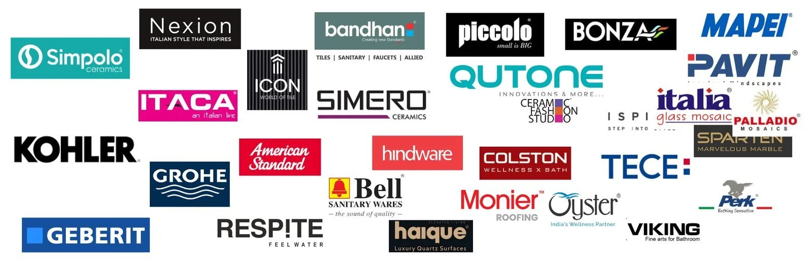 Tiles, sanitaryware and faucet brands — Simpolo, Kohler, Grohe, Geberit, Hindware, American Standard, Nexion, Bonza, Mapei, Italia and more