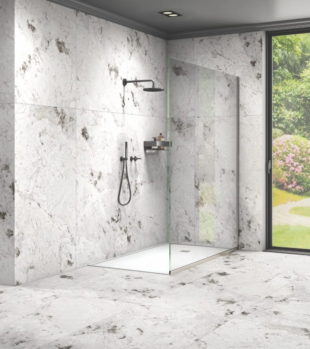 Marble bathroom with walk-in shower